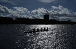 London, UK. Training sessions on the River Thames in Putney for the Oxford v Cambridge boat race