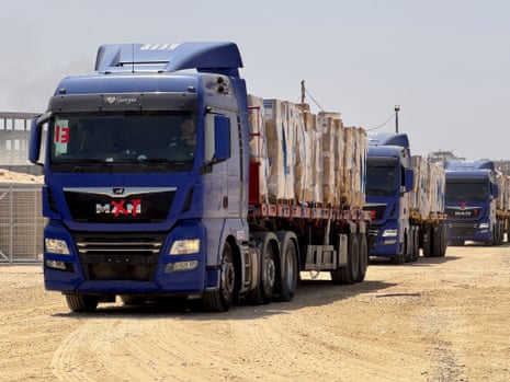 Trucks transport humanitarian supplies as Gaza Humanitarian Foundation says it has commenced operations to begin distribution of aid, in Rafah in the southern Gaza Strip.