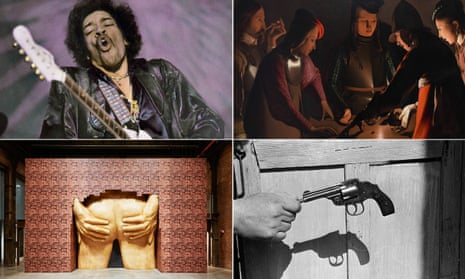 Clockwise from top left, Jimi Hendrix from You Say You Want a Revolution?, The Dice Players by Georges de la Tour from Beyond Caravaggio, Project for Door (After Gaetano Pesce) by Turner prize nominee Anthea Hamilton; and Mexico City by Enrique Metinides from ? The Image As Question.