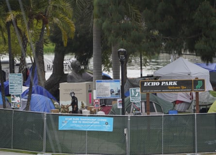 A fence was installed around Echo Park Lake after a confrontation between homeless advocates and Los Angeles police.
