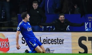 Harry Maguire scores Leicester City’s 94th-minute equaliser.