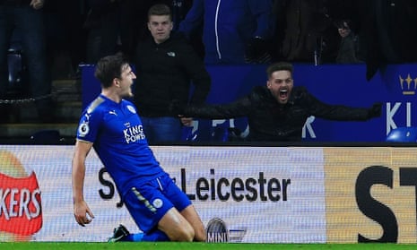 Harry Maguire scores Leicester City’s 94th-minute equaliser.