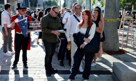 Reporters in the long line for entry to the Wilkie D Ferguson Jr US courthouse in Miami.