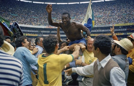 Pele being lifted into the air after the final in 1970