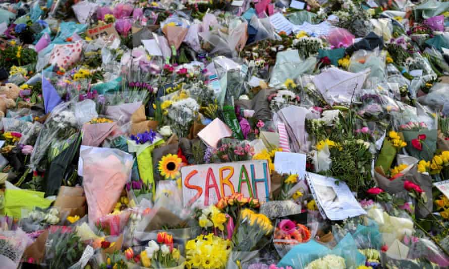 Flowers and messages in memory of Sarah Everard following her kidnap and murder by a serving officer in March 2021.