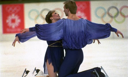 Jayne Torvill and Christopher Dean perform during their gold-medal winning “Bolero” ice dancing routine at the 1984 Winter Olympics.