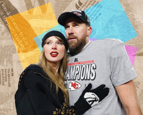 Taylor Swift in a black beanie and a bearded man in a Chiefs cap and Champions shirt pose together