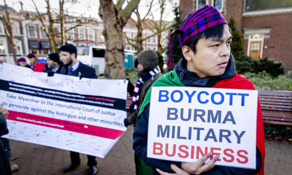 Protesters demonstrate in The Hague against the Myanmar military crackdown on the Rohingya Muslim minority. 