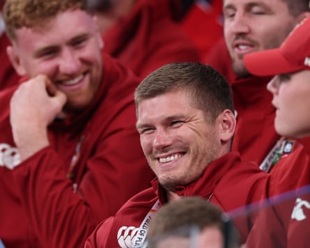 Owen Farrell laughs after he was jokingly booed by his Lions teammates in Sydney.