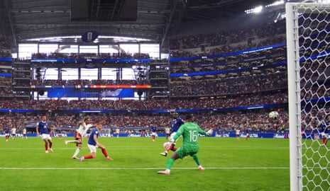 Spain's Lamine Yamal scores a goal that was later disallowed.
