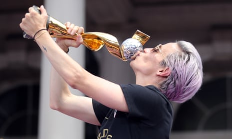 Megan Rapinoe with the World Cup trophy in New York City. 