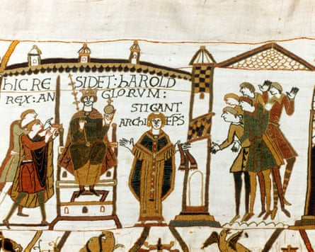 Bayeux Tapestry 1067. Harold II crowned King of England, 6 January 1066. Harold enthroned holding orb and sceptre, Archbishop Stigand on his right. Anglo-Saxon Coronation Ceremony Christian Textile Embroidery LinenUNSPECIFIED - CIRCA 1754: Bayeux Tapestry 1067. Harold II crowned King of England, 6 January 1066. Harold enthroned holding orb and sceptre, Archbishop Stigand on his right. Anglo-Saxon Coronation Ceremony Christian Textile Embroidery Linen (Photo by Universal History Archive/Getty Images)