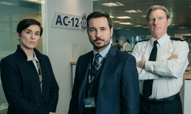 Vicky McClure as DS Kate Fleming, Martin Compston as DS Steve Arnott and Adrian Dunbar as Ted Hastings in the BBC's Line of Duty.