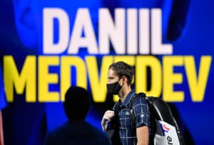 Daniil Medvedev arrives before his semi-final match against Spain’s Rafael Nadal.