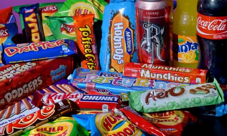 Collection of biscuits, crisps, chocolate bars and carbonated drinks