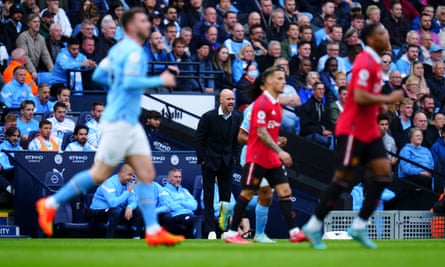 Erik ten Hag makes clear his unhappiness during his team’s 6-3 defeat at Manchester City last October.