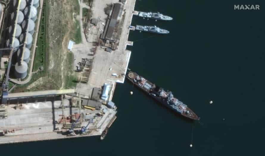 This satellite image provided by Maxar Technologies shows cruiser Moskva in port Sevastopol in Crimea on April 7.