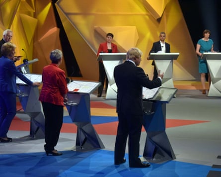 Boris Johnson, Gisela Stuart, Andrea Leadsom, Sadiq Khan, Ruth Davidson and Frances O’Grady taking part in the debate chaired by David Dimbleby.
