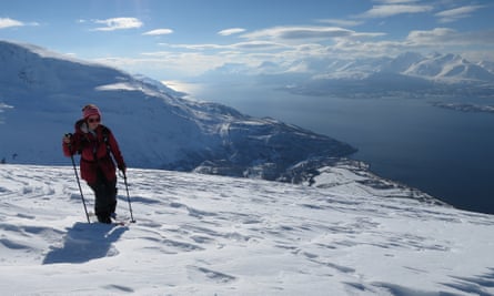 Sam Haddad hiking up the Lyngen Alps in Norway