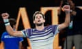 Dominic Thiem celebrates after winning against Alexander Zverev at the Australian Open.