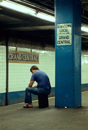 a Willy Spiller photo titled "Grand Central, 1983" - a man sits on a box on an empty subway platform