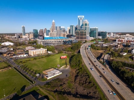 An aerial view of Charlotte. The city area expects businesses to invest $2.3bn in the region this year and create 7,200 jobs, down from $8bn in investment and 20,000 jobs last year.