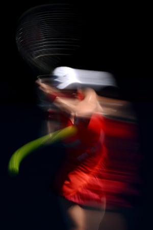 Simona Halep plays a return to Alize Cornet in their fourth round singles match.