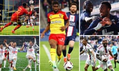 Clockwise from top left: Brice Samba makes a save, Kevin Danso of Lens, Elye Wahi of Montpellier, Lyon's Alexandre Lacazette celebrates one of his four goals against Montpellier, Toulouse win the Coupe de France.