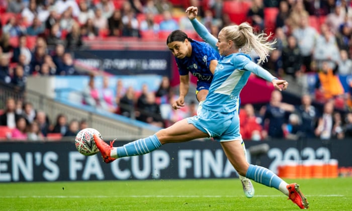 Chelsea’s Sam Kerr scores their third goal courtesy of a deflection off of Manchester City’s Alex Greenwood.