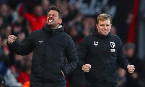Jason Tindall and Eddie Howe (right) celebrate Bournemouth’s victory over Aston Villa in February 2020.
