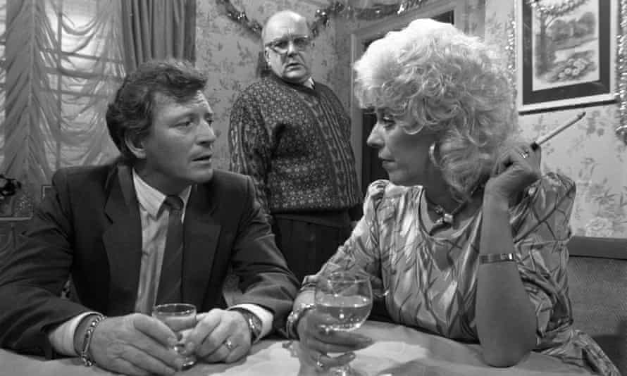 Johnny Briggs, left, as Mike Baldwin with Roy Barraclough as Alec Gilroy and Julie Goodyear playing Bet Gilroy.