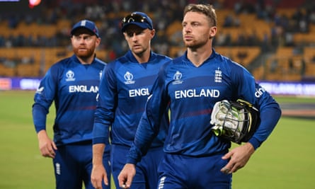 Jonny Bairstow, Jos Buttler and Joe Root of England cut dejected figures after the World Cup loss to Sri Lanka
