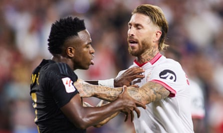 Sergio Ramos jostles with Vinicius Júnior