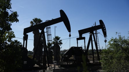 Pumpjacks operating at an oil field in Los Angeles, California.