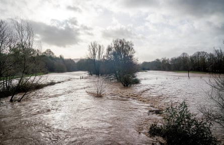 Flooded fields and rural land in Ottery St Mary, Devon, after the rain from Storm Chandra.