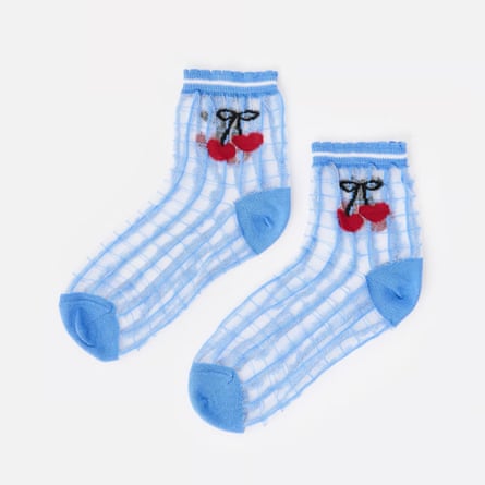 Oliver Bonas blue checked cherries sheer ankle socks