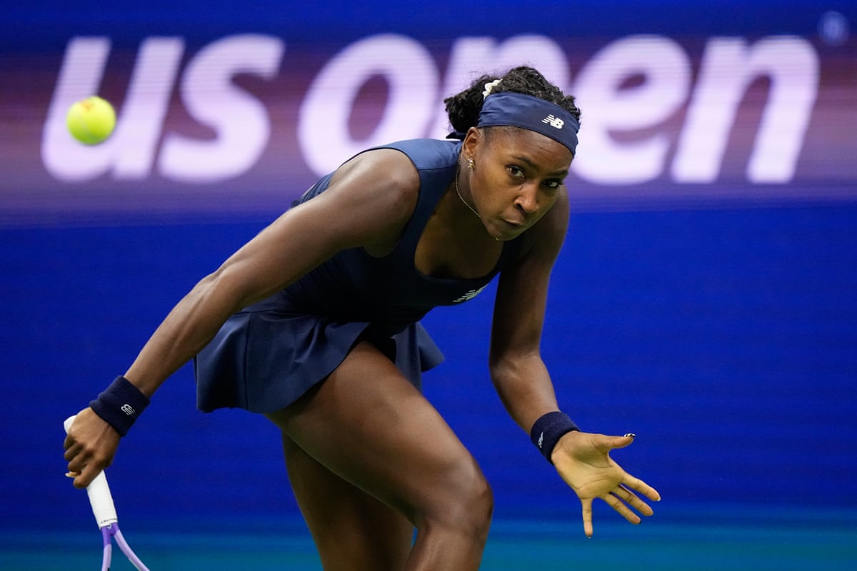 Coco Gauff returns a shot against Iva Jovic during their fourth-round match at the US Open.