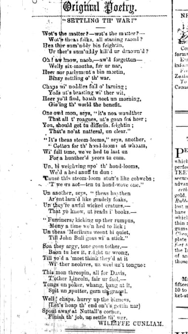 Settlin the War - poem by Williffe Cunliam, printed in a local newspaper in 1868.