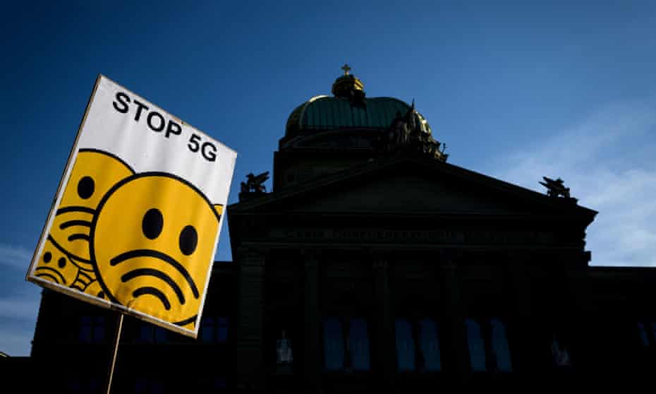 Placard during nationwide protest against 5G technology in front of the Swiss house of Parliament in Bern