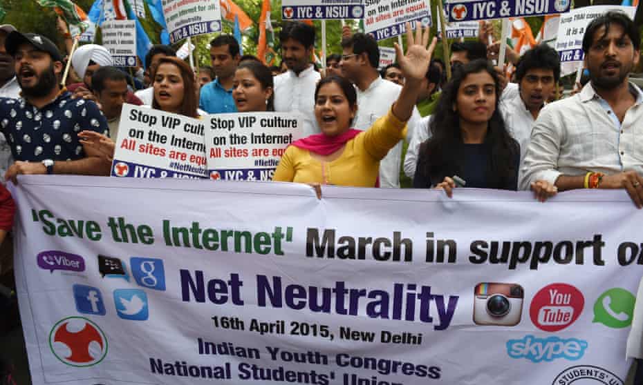 Activists of the Indian Youth Congress and National Students Union of India in an anti-government protest in support of net neutrality in New Delhi last year. 