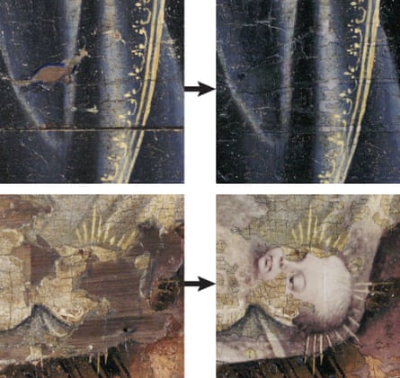 Before and after images for two areas of the painting, one showing a piece of cloth and the other an infant’s face
