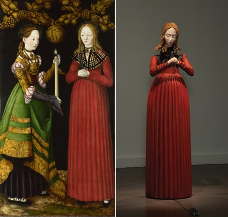 Saints Genevieve and Apollonia, 1506 by Lucas Cranach the Elder, left, and Michael Landy’s Saint Apollonia, 2013.