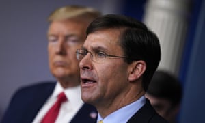 Donald Trump with Mark Esper in March. Christopher C Miller, the director of the National Counterterrorism Center, will replace Esper as acting defense secretary.