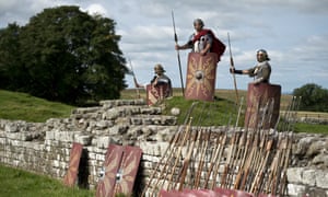 Reenactors portraying soldiers from the Imperial Roman Army pose for a photograph to promote English Heritage’s history weekend, “Hadrians Wall Live”, at Birdoswald Roman Fort near Gilsland, northern England, UK