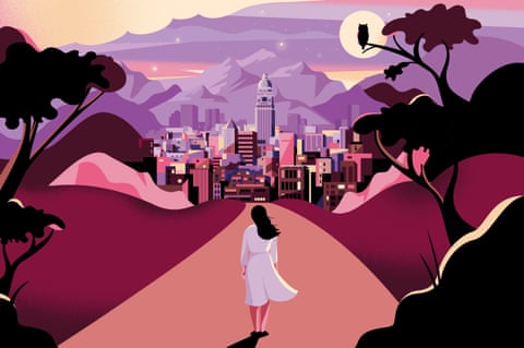 Illustration of a young woman looking at a magical scene of Tehran