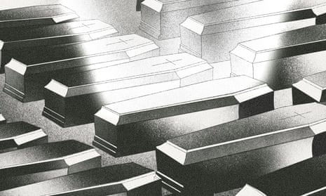 Illustration of rows of coffins with crosses connected top, with 1 successful the halfway glowing light