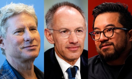 Three-panel composite of two middle-aged white men with white hair, and a young Asian man with black hair and goatee and black-framed glasses.