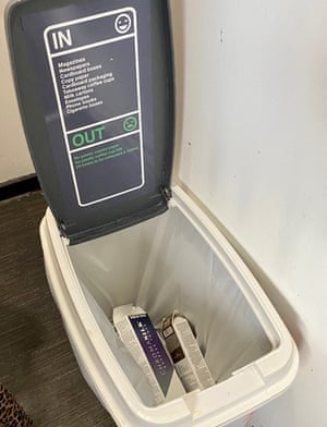A recycling bin at Pout Hair