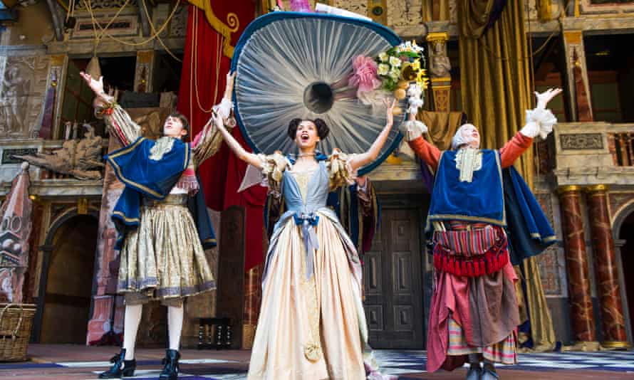 Angus Imrie as Ned Spiggett, Gugu Mbatha-Raw as Nell Gwynn and Amanda Lawrence as Nancy in Nell Gwynn by Jessica Swale at Shakespeare’s Globe.