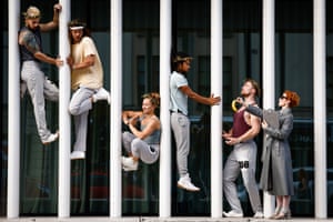 Edinburgh, Scotland. Artists from circus troupe Barely Methodical hold a media call for their show, Kin